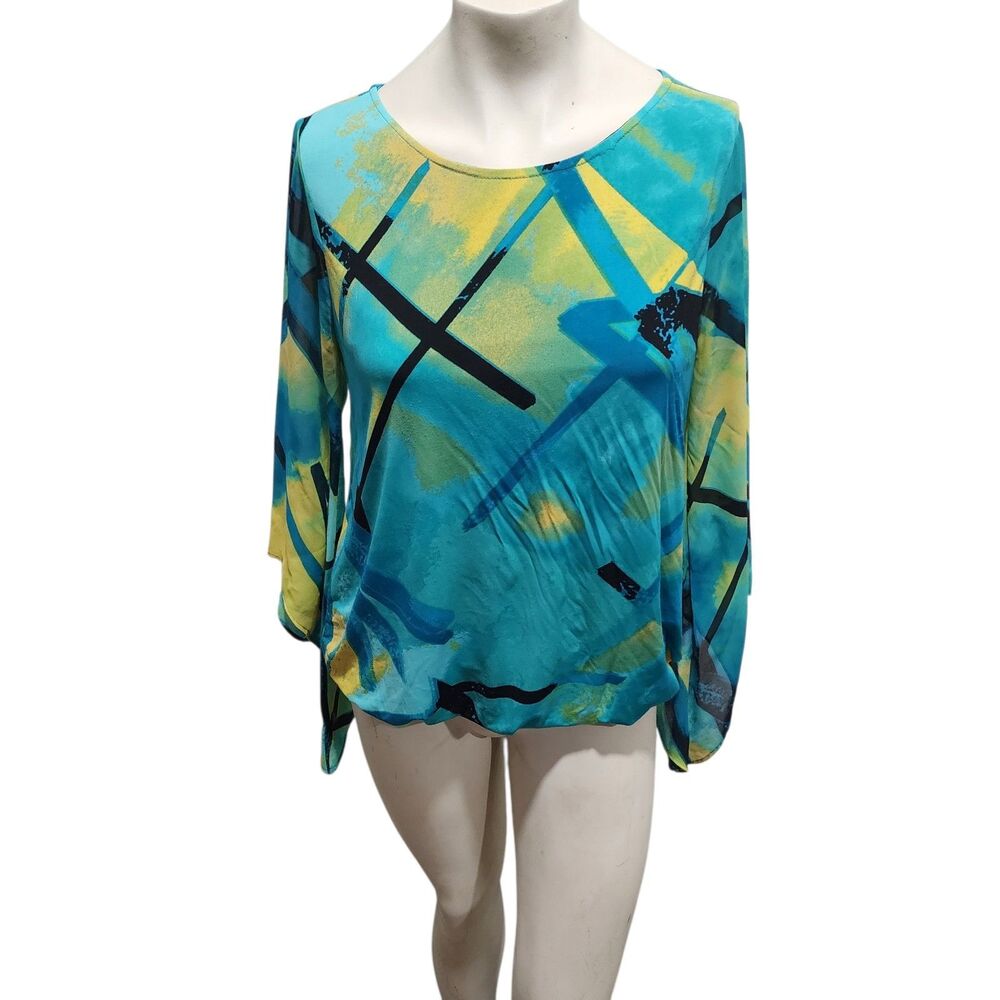 Alfani Womens Small Abstract Print Blouse Teal Yellow Long Sleeve Asym Hem Top